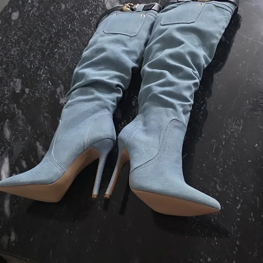 BRAND NEW SHOEDAZZLE BUCKLE OVER THE KNEE STILETTO HEEL WOMENS SLOUCH BOOTS